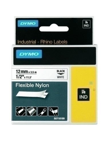 CINTA DYMO RHINO NYLON FLEXIBLE 12MM NEGRO SOBRE BLANCO.