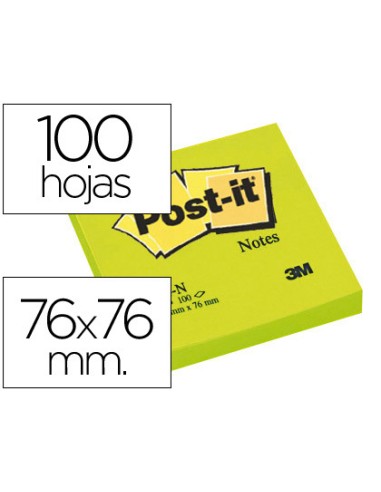 BLOC NOTAS ADHESIVAS POST-IT 76X76MM COLOR VERDE NEÓN 100 HO