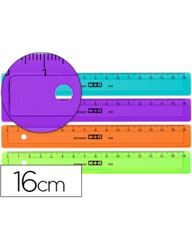 REGLA M+R 16 CM PLÁSTICO GRADUADA Y BISELADA DIFERENTES COLO