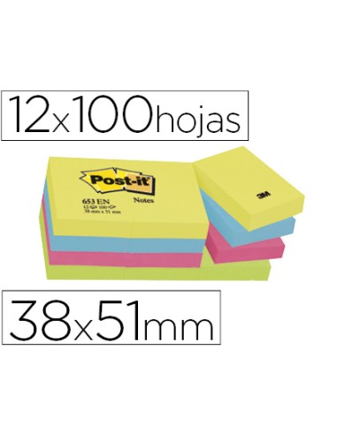 BLOC DE NOTAS ADHESIVAS POST-IT C.NEÓN 38x51mm. 12 BLOCS