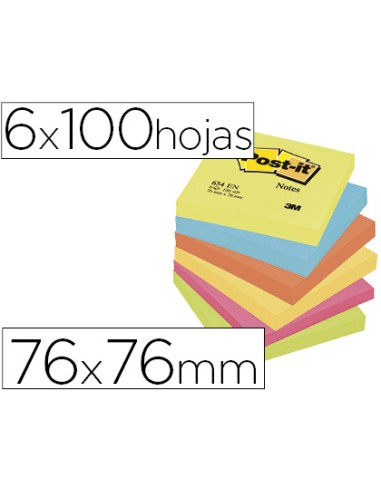 BLOC DE NOTAS ADHESIVAS POST-IT C.NEÓN 38x51mm. 6 BLOCS