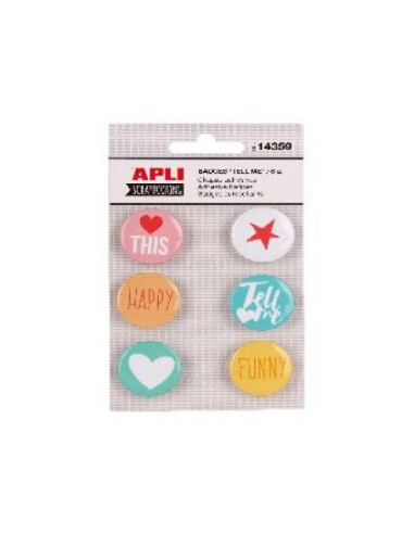 CHAPAS ADHESIVAS APLI SCRAPBOOKING "TELL ME" 6UD *LIQUIDACIÓ