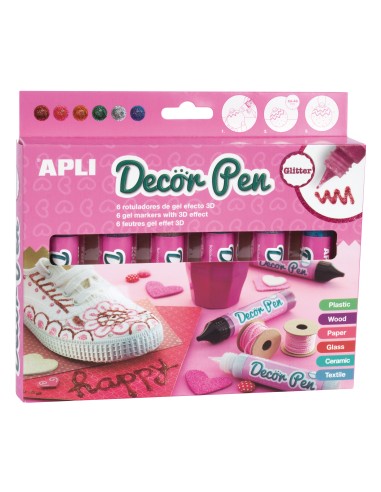 ROTULADORES DE GEL 3D PURPURINA DECOR PEN 6UD APLI