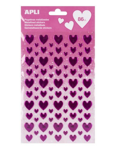 STICKERS CORAZONES METALIZADOS ROSA 1 HOJA 86UD APLI