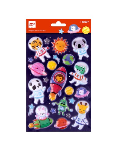 STICKERS CON RELIEVE ANIMALES AL ESPACIO 1 HOJA APLI KIDS