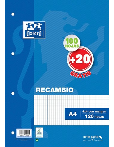 RECAMBIO 100+20 HOJAS SUELTAS 4x4 4 TALADROS A4 OXFORD