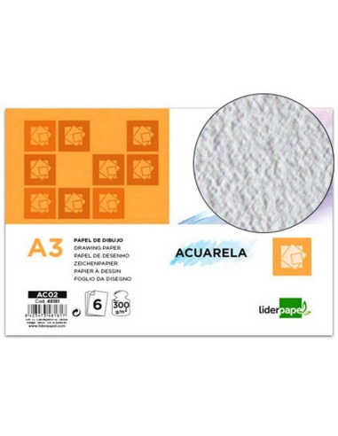 LAMINA DIBUJO ACUARELA A3 300GR LIDERPAPEL PACK.6