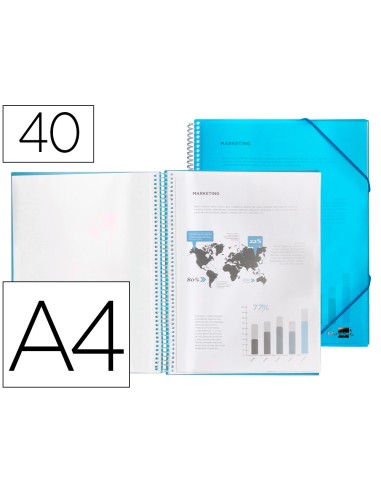 CARPETA 40 FUNDAS DIN A4 ESPIRAL Y GOMAS AZUL LIDERPAPEL