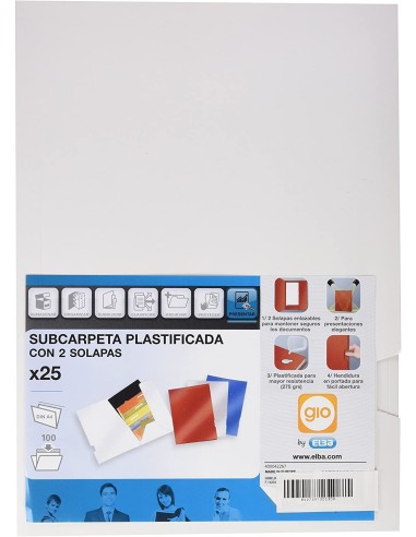 SUBCARPETA PLASTIFICADA BLANCA DIN A4 2 SOLAPAS 275GR GIO