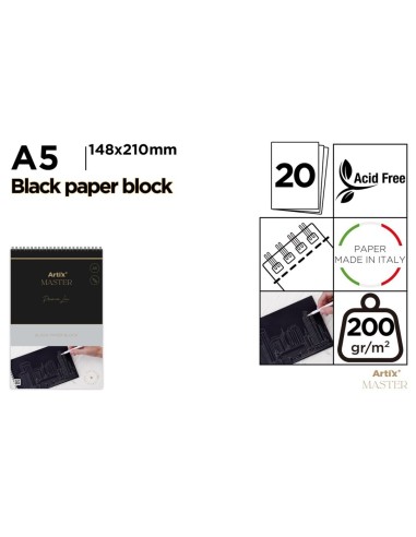 BLOC DE DIBUJO PAPEL NEGRO 200G A5 20 HOJAS ARTIX MASTER