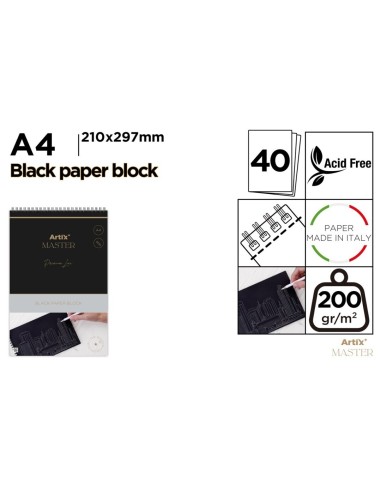 BLOC DE DIBUJO PAPEL NEGRO 200G A4 40 HOJAS ARTIX MASTER