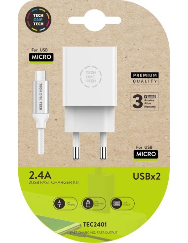 CARGADOR DOBLE BLANCO+CABLE NYLON MICRO USB 2,4A TECH ONE