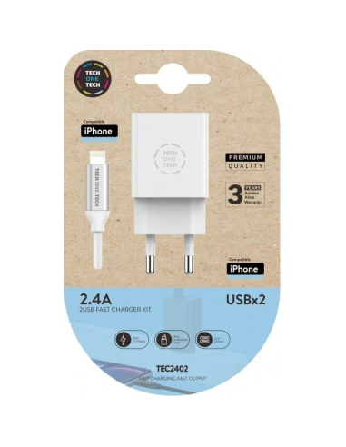 CARGADOR DOBLE BLANCO+CABLE BRAIDED NYLON APPLE 2,4A TECH