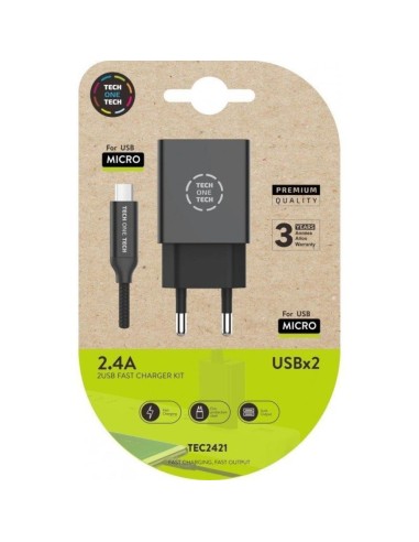 CARGADOR DOBLE NEGRO+CABLE NYLON MICRO USB 2,4A TECH ONE