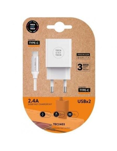 CARGADOR DOBLE BLANCO+CABLE BRAIDED NYLON USB-C TECH ONE