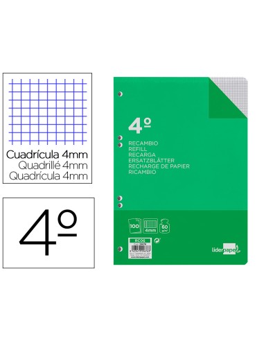 RECAMBIO LIDERPAPEL CUARTILLA 100H 60G CUADRO 4MM 6 TALADROS